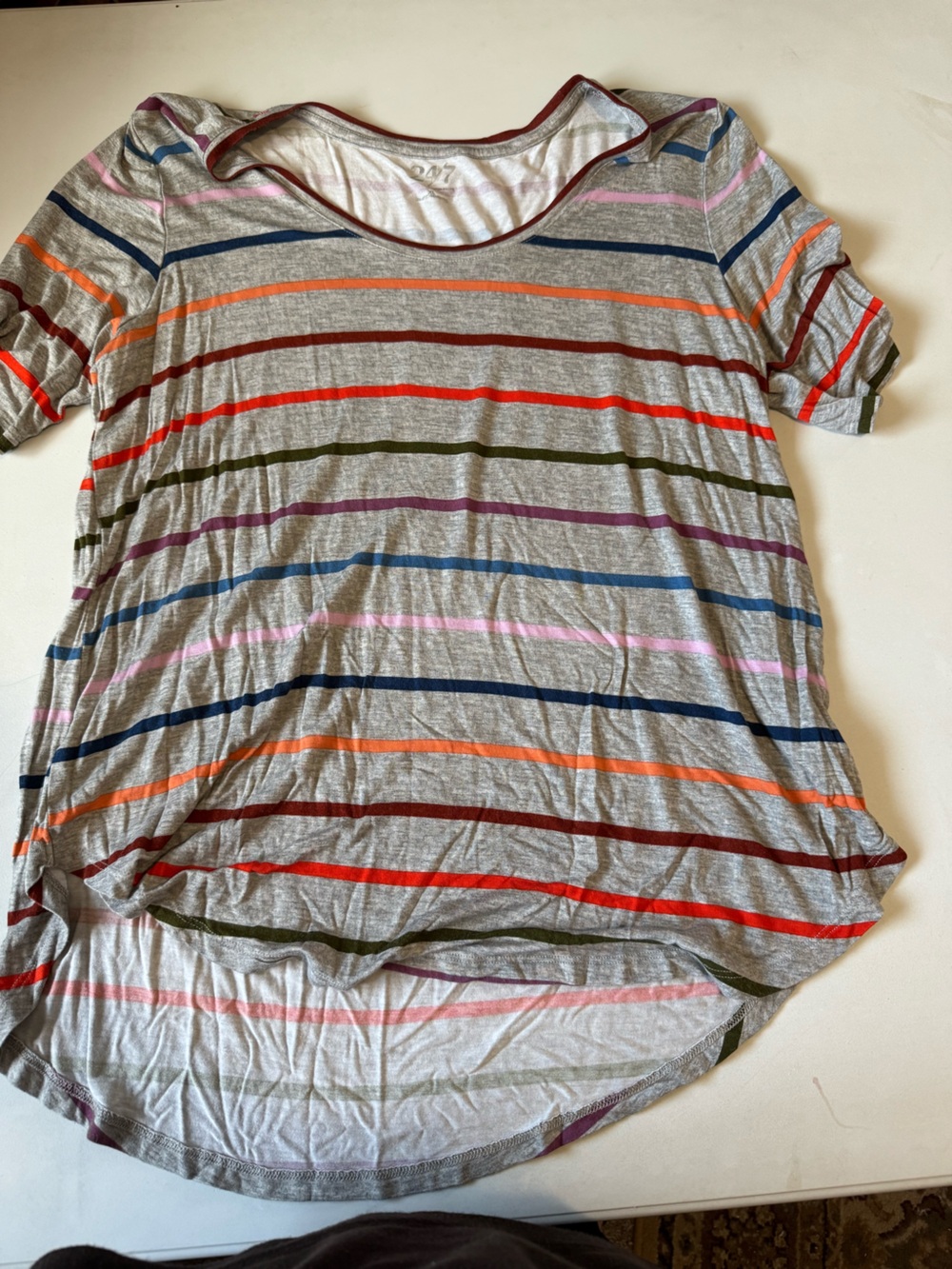 Maurices Gray Scoop Neck Short Sleeve Top with Multi-Color Stripes